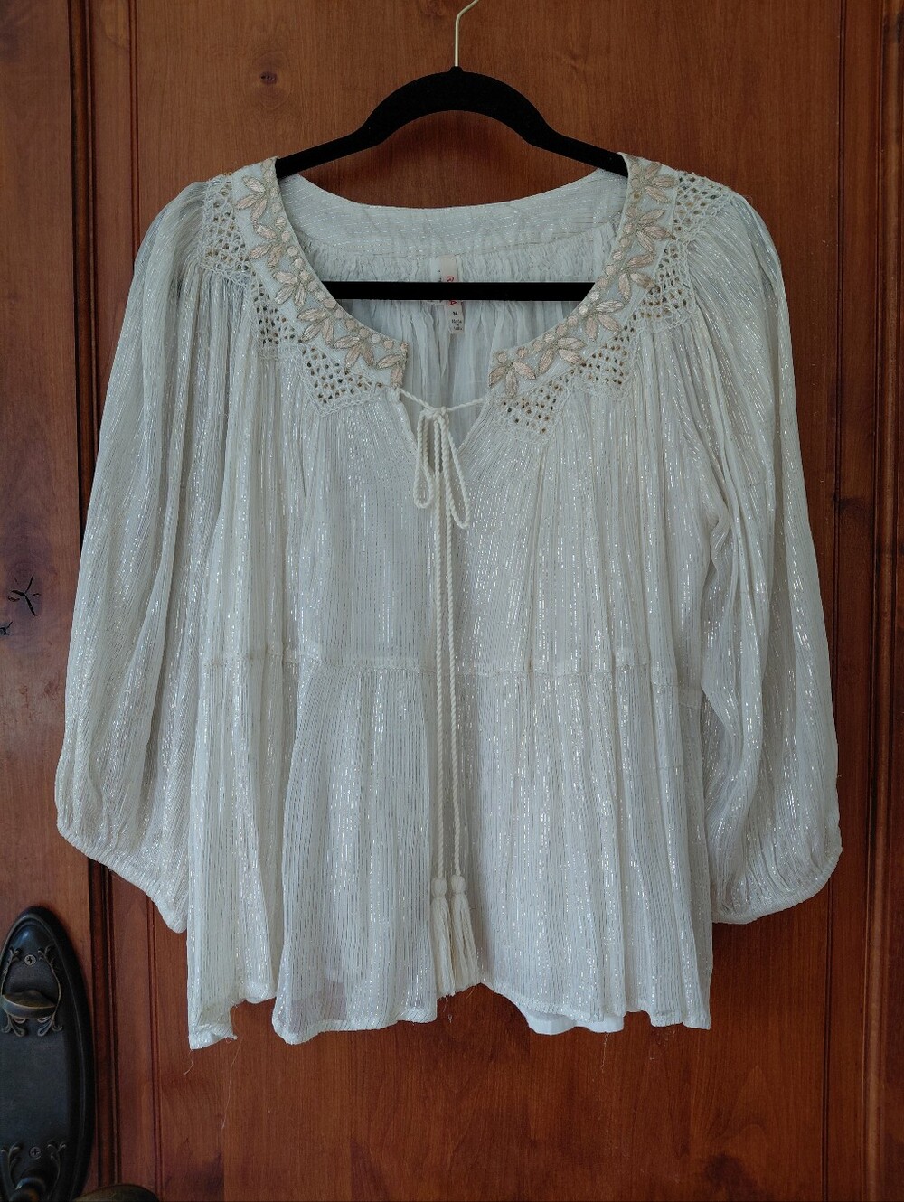 Anthropologie Raga Blouse Cream Gold Embroidered Shimmer Boho Blouse Top